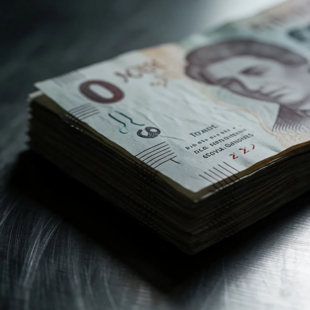 Billetes de pesos argentinos sobre superficie metálica