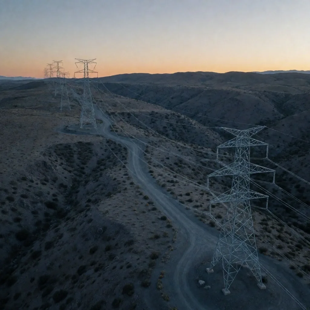 Infraestructura de transmisión eléctrica en la Patagonia argentina al atardecer