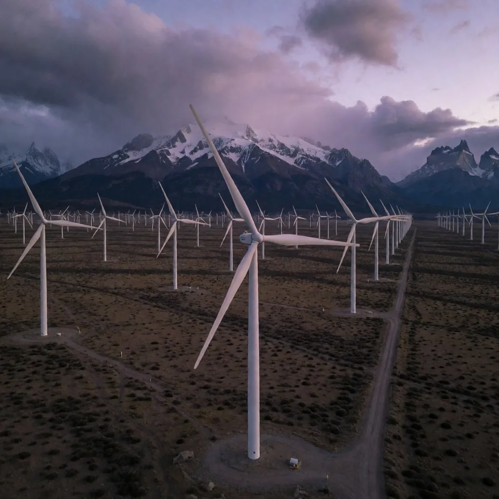 Parque eólico en Patagonia al atardecer