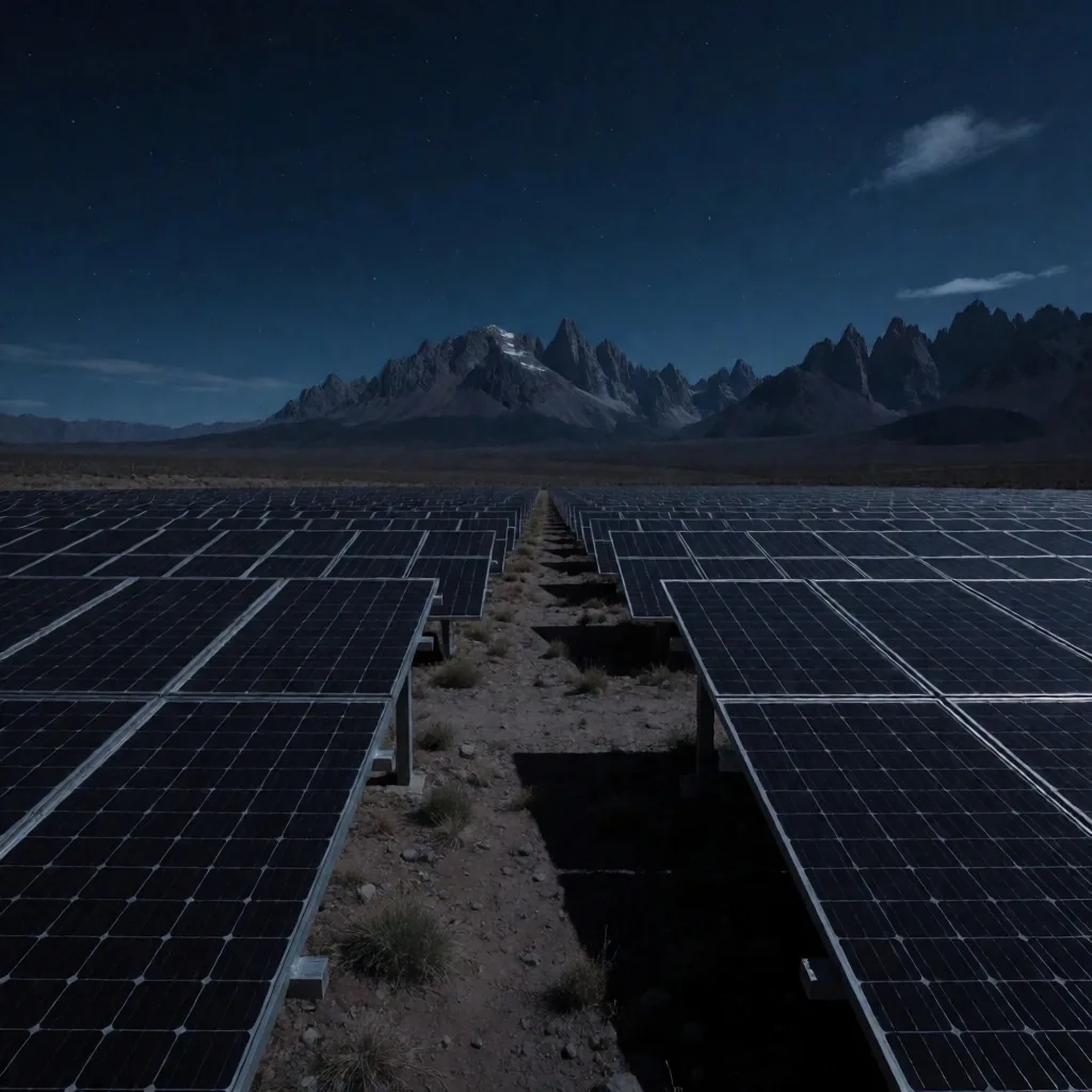 Parque solar en el altiplano argentino al atardecer