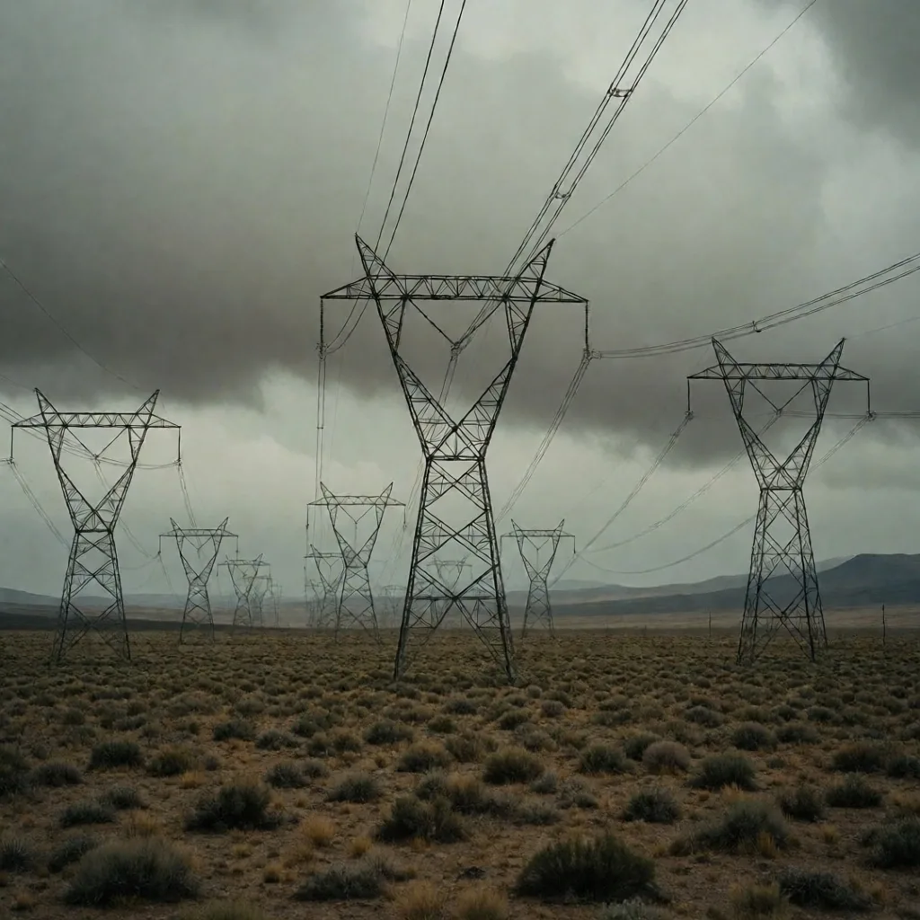Tendido eléctrico de alta tensión en la estepa patagónica